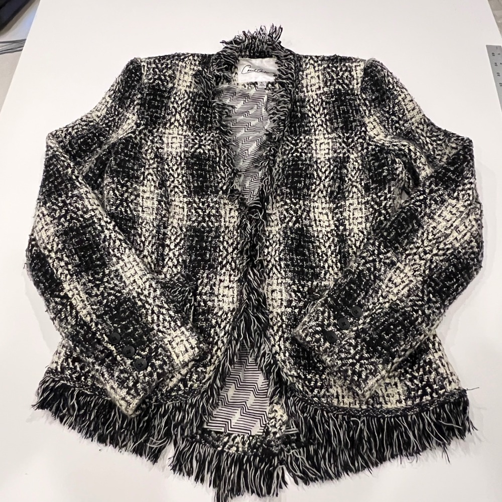 CAbi Carol Anderson‎ Women 4 Black White Tweed Fringe Blazer Jacket Y2K